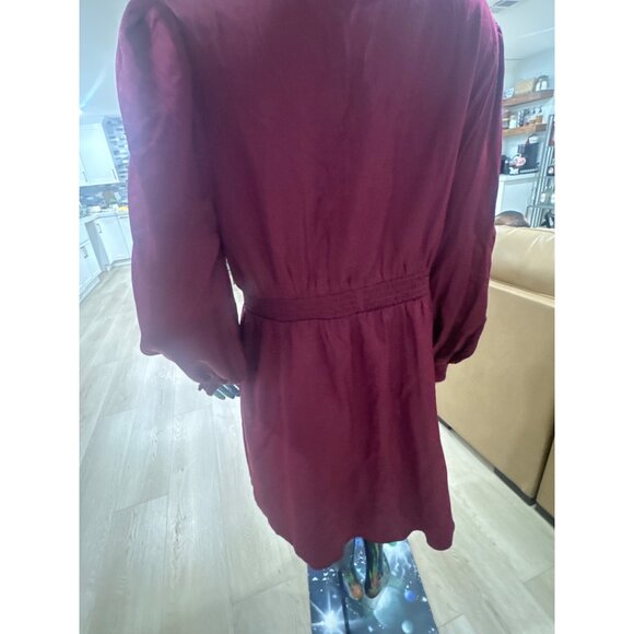Lucy Paris Burgundy Button-Front Midi Dress With Smocked Waist & Cuffs V-Neck Lo - Picture 3 of 6